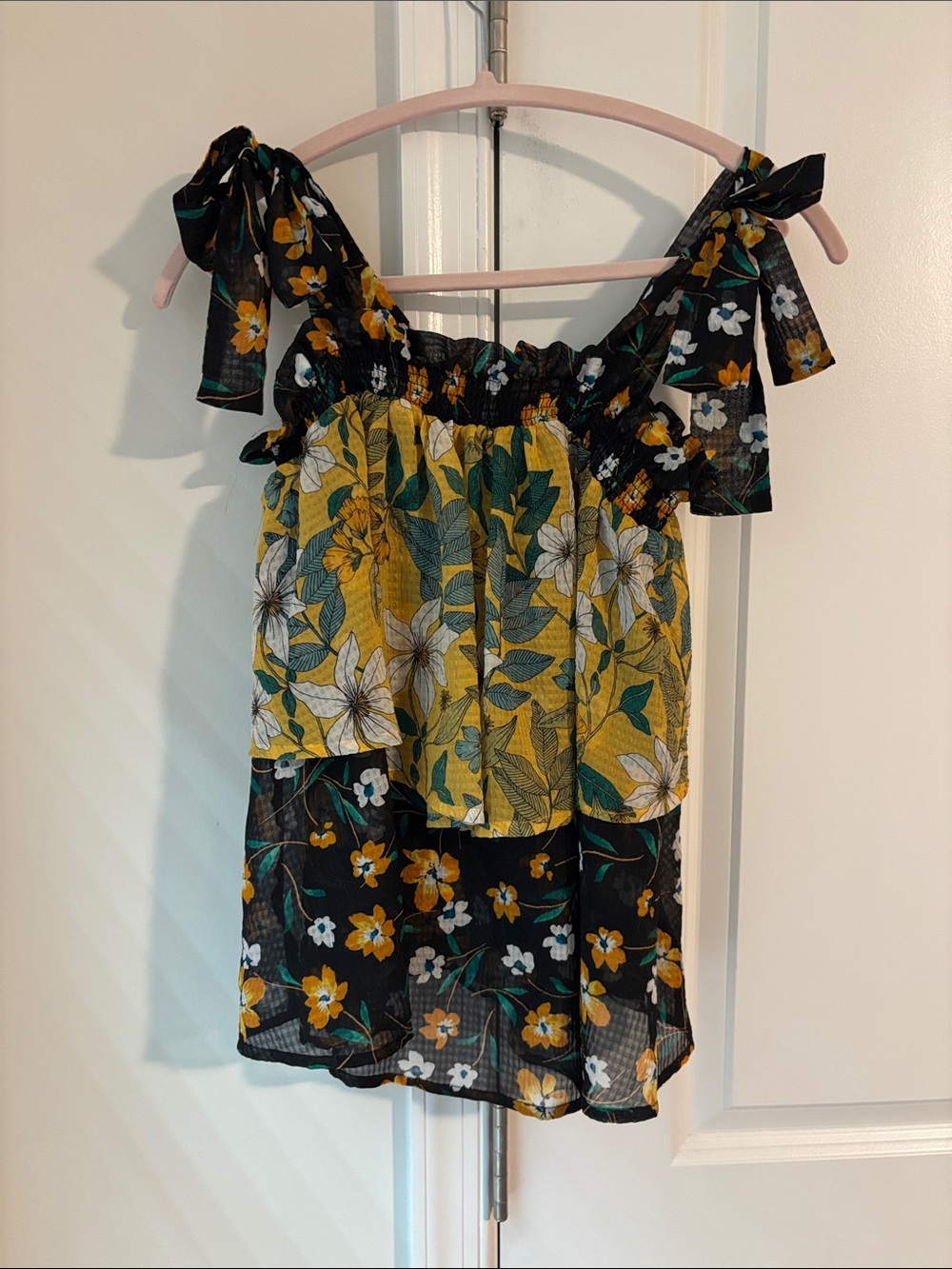 Who What Wear Floral Tie-Shoulder Smocked Camisole - Black & Yellow